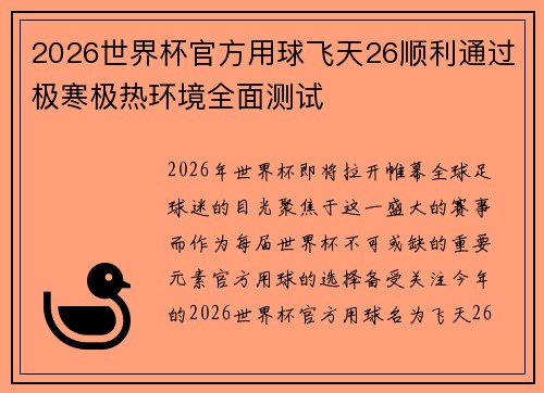 2026世界杯官方用球飞天26顺利通过极寒极热环境全面测试 2026世界杯官方用球飞天26顺利通过极寒极热环境全面测试