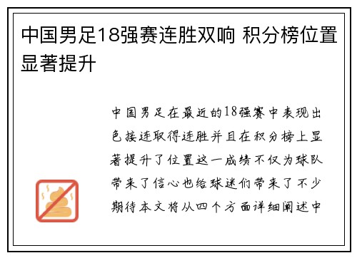 中国男足18强赛连胜双响 积分榜位置显著提升 中国男足18强赛连胜双响 积分榜位置显著提升